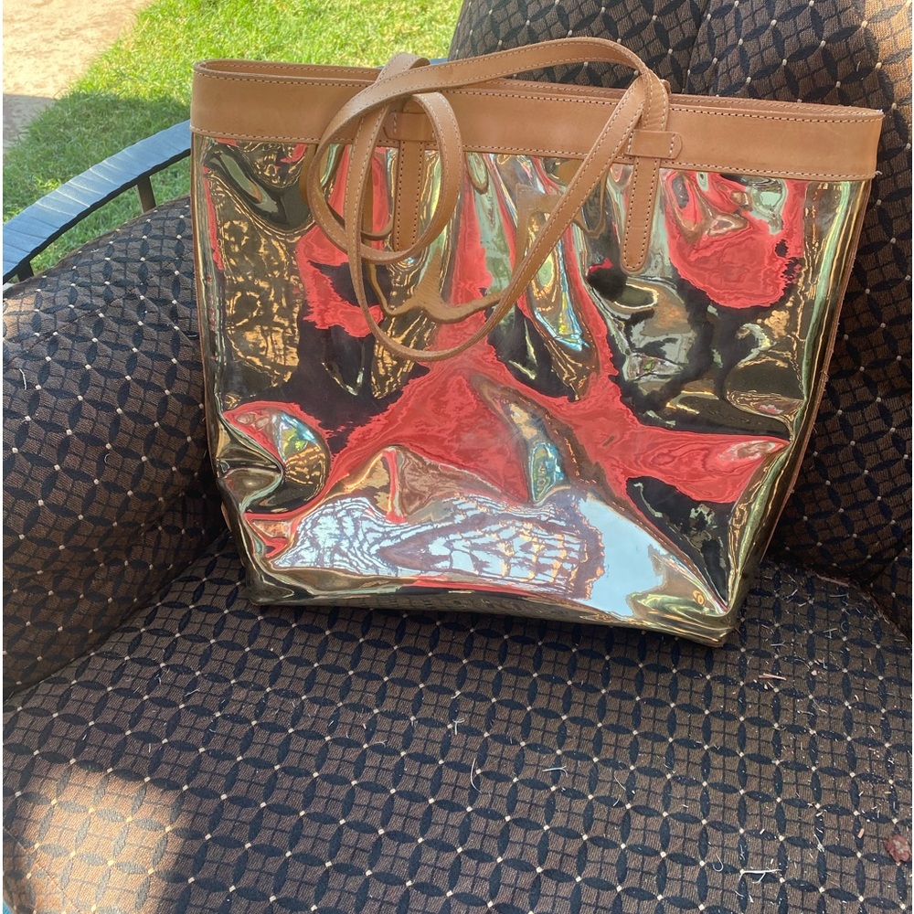 Consuela Shiny Gold Tote with Tan Trim